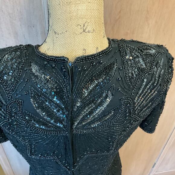 Vintage Adriana Papel evening black beaded sequin silk midi dress cocktail sz 8 - Picture 7 of 16